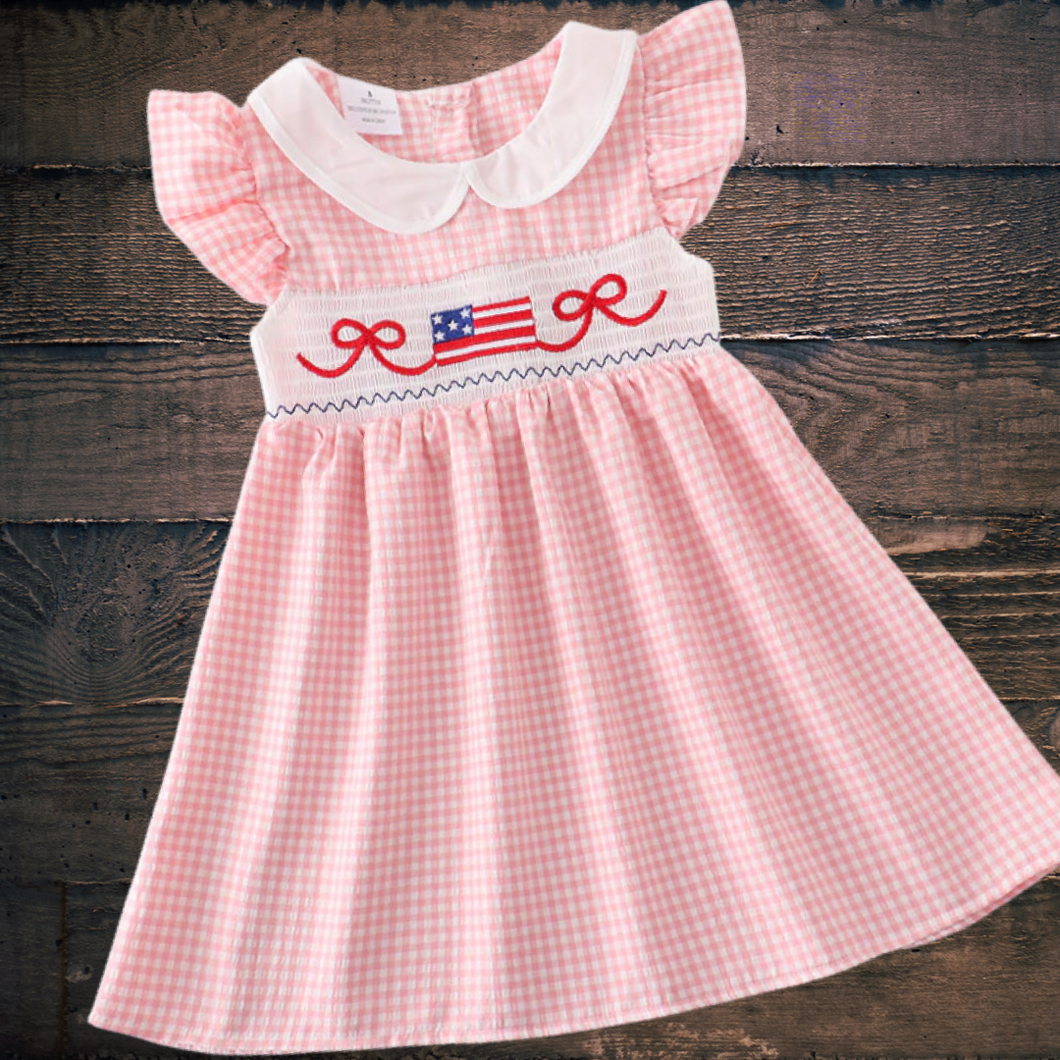 Patriotic Plaid Smocked Ruffle Dress