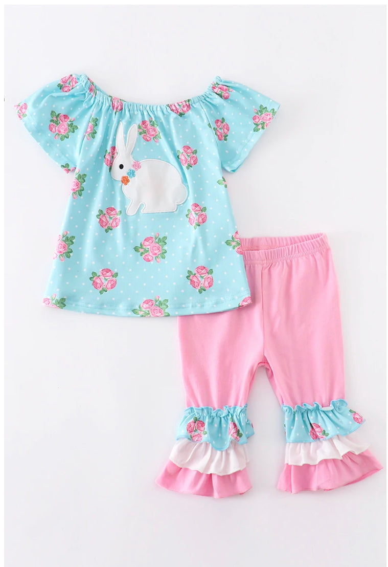 Blue Floral Ruffle Capri Set