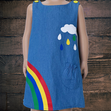 Load image into Gallery viewer, Girls Blue Chambray Rainbow Coverall Dress
