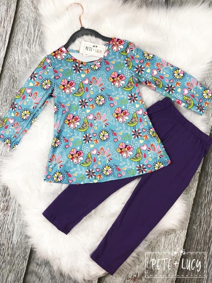 Teal Floral Birds Shirt with Pant