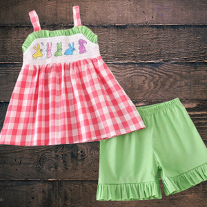 Red Plaid Smocked Short Set